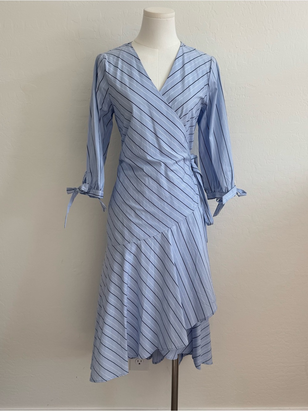 Hot & Delicious Light Blue Striped Wrap High-Low Dress